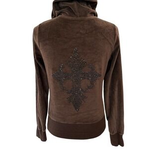 Romeo & Juliet Couture Brown Velour Hoodie‎ Rhinestone Cross Embellished Size M